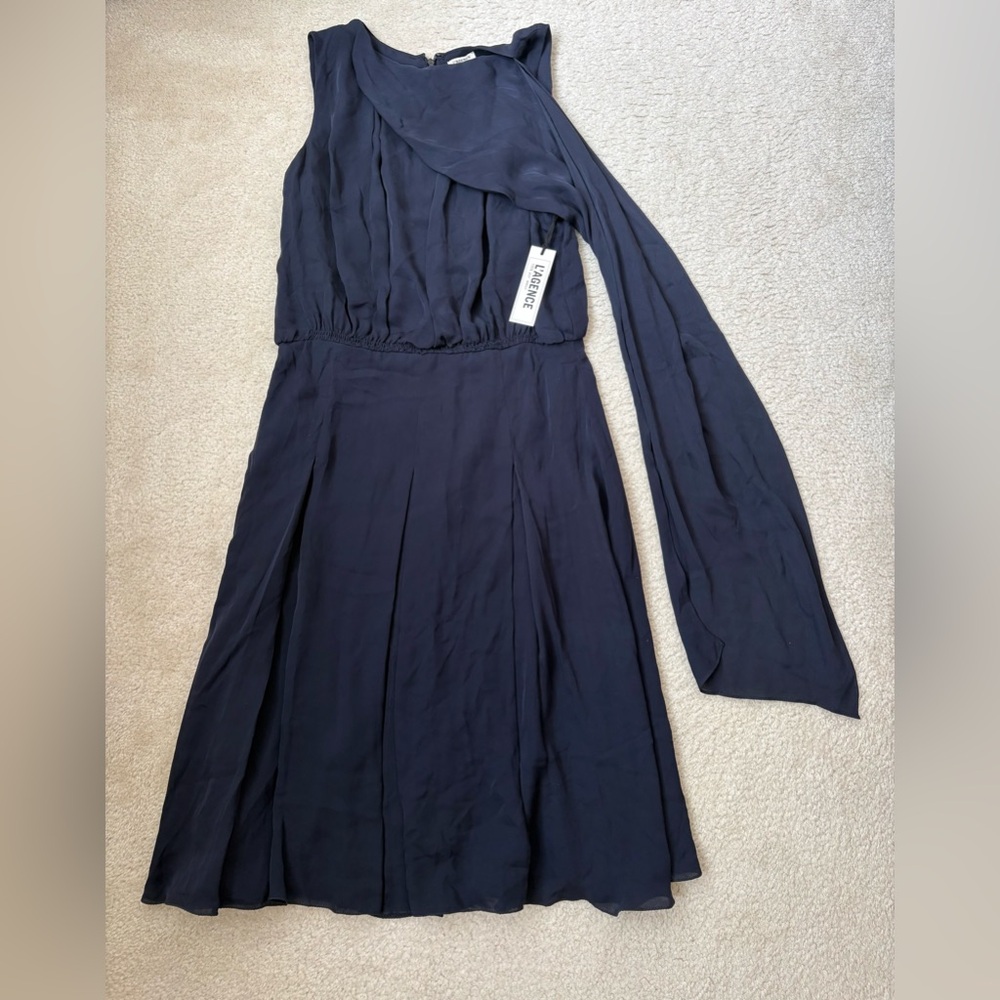 L’AGENCE 100% silk navy blue sleeveless midi dress with front sash, sz 6 - Picture 1 of 7